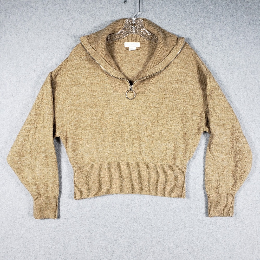 H&M Women S Tan Knit Half Zip O-Ring Pullover Mock Neck Ribbed Sweater Cozycore